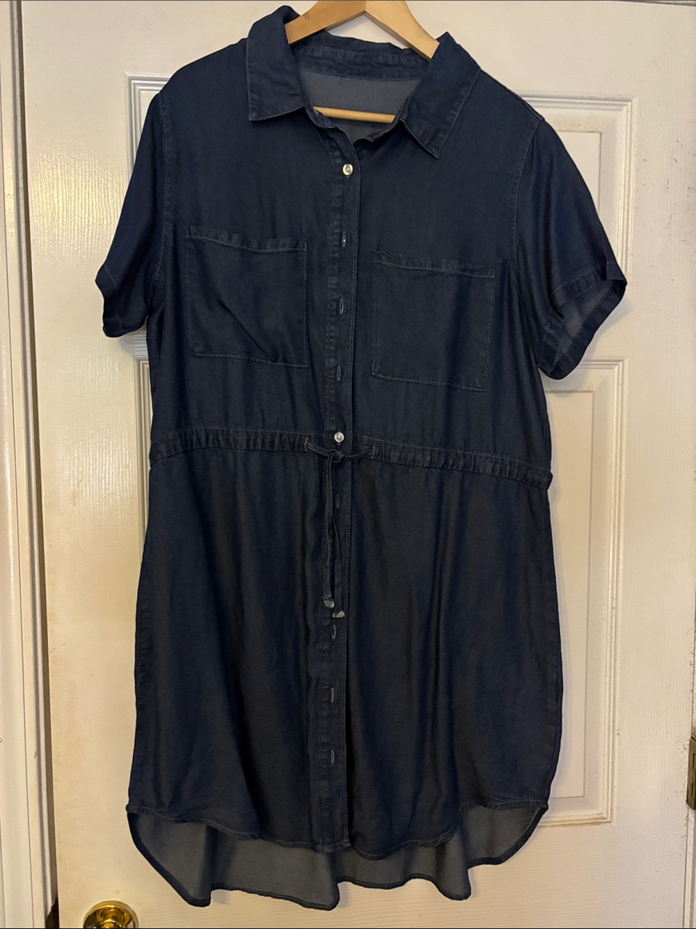 Casual Navy High-Low Shirt Dress with Drawstring Waist